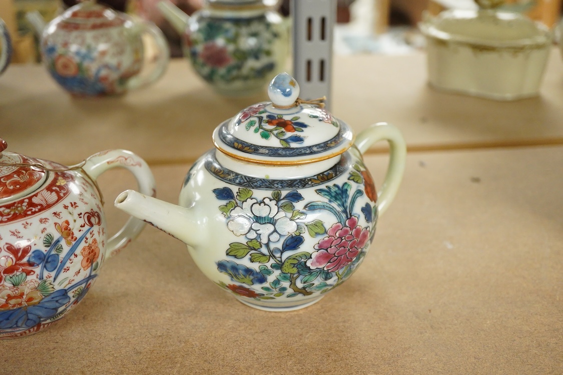 Three 18th century Chinese porcelain European enamelled teapots and covers, tallest - 13cm high